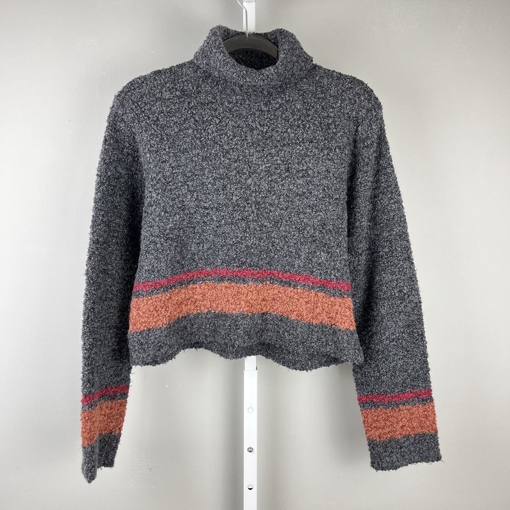 Vintage MODA INT'L Cropped Sweater Womens L Turtleneck Gray Stripe Boxy 90s